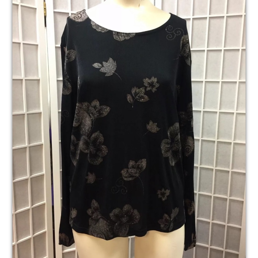 Pacific Palm, Women, blouse, black, stamped sparkle flowers, formal, size L.: